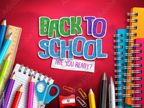 Back to school vector design with education elements, school supplies and colorful paper cut back to school text in red background. Vector illustration.
