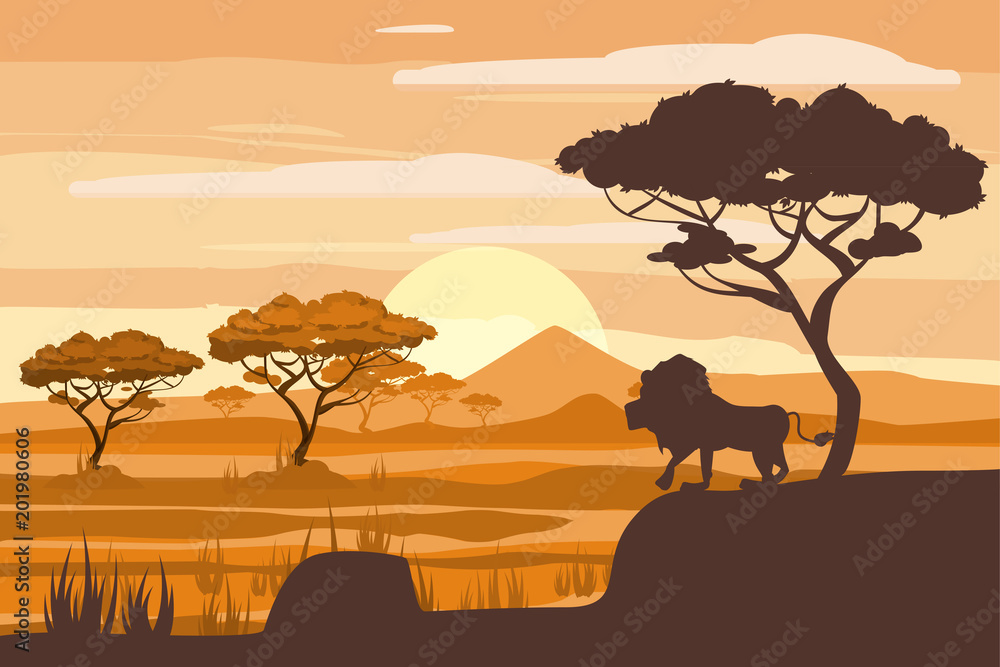 African landscape, lion, savannah, sunset, vector, illustration, cartoon style, isolated