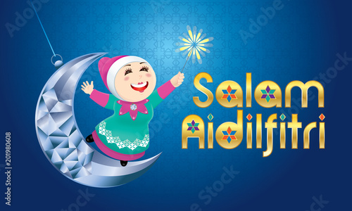A Muslim girl playing fireworks on a swinging moon, with Malay pattern background. The words "Salam Aidilfitri" means happy Hari Raya.