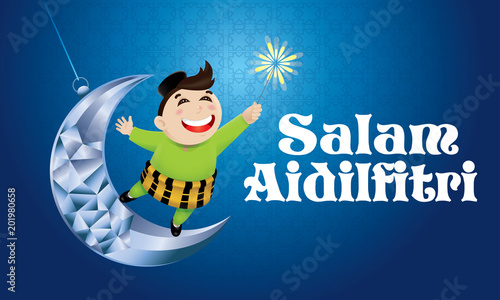 A Muslim boy playing fireworks on a swinging moon, with Malay pattern background. The words "Salam Aidilfitri" means happy Hari Raya.