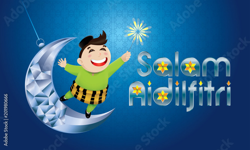 A Muslim boy playing fireworks on a swinging moon, with Malay pattern background. The words "Salam Aidilfitri" means happy Hari Raya.