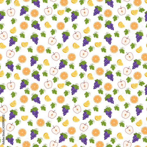 Fototapeta Naklejka Na Ścianę i Meble -  Seamless pattern of grapes, orange, lemon, apple, leaves. Vector illustration