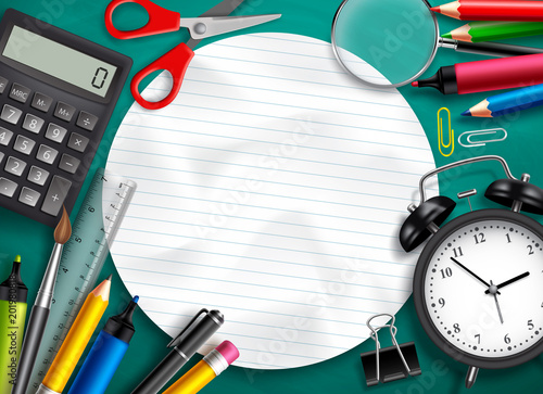 Back to school vector background template with education elements, school items and empty whites space paper for text in green textured background. Vector illustration.
