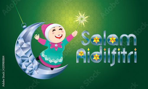 A Muslim girl playing fireworks on a swinging moon, with Malay pattern background. The words "Salam Aidilfitri" means happy Hari Raya.