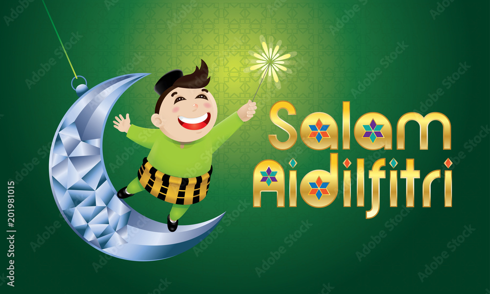 Fototapeta premium A Muslim boy playing fireworks on a swinging moon, with Malay pattern background. The words 
