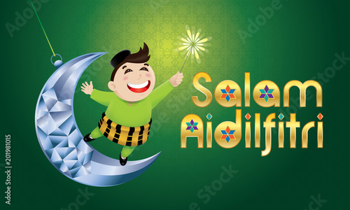 A Muslim boy playing fireworks on a swinging moon, with Malay pattern background. The words "Salam Aidilfitri" means happy Hari Raya.
