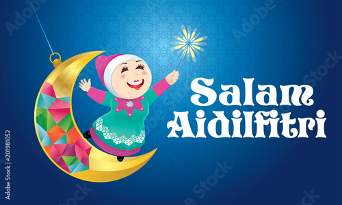 A Muslim girl playing fireworks on a swinging moon, with Malay pattern background. The words "Salam Aidilfitri" means happy Hari Raya.