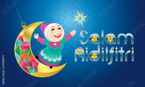 A Muslim girl playing fireworks on a swinging moon, with Malay pattern background. The words "Salam Aidilfitri" means happy Hari Raya.