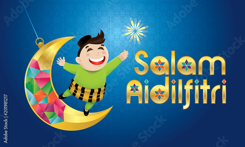A Muslim boy playing fireworks on a swinging moon, with Malay pattern background. The words "Salam Aidilfitri" means happy Hari Raya.