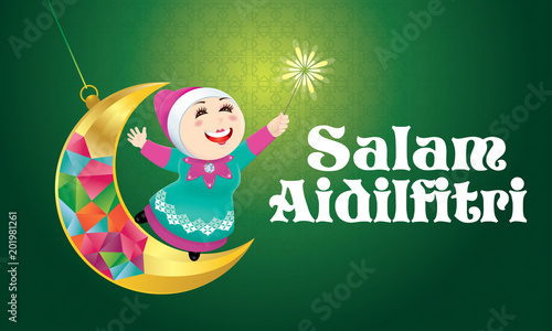 A Muslim girl playing fireworks on a swinging moon, with Malay pattern background. The words "Salam Aidilfitri" means happy Hari Raya.
