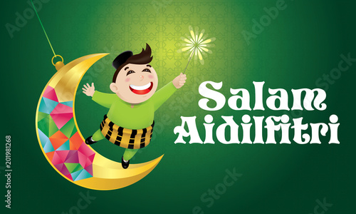 A Muslim boy playing fireworks on a swinging moon, with Malay pattern background. The words "Salam Aidilfitri" means happy Hari Raya.
