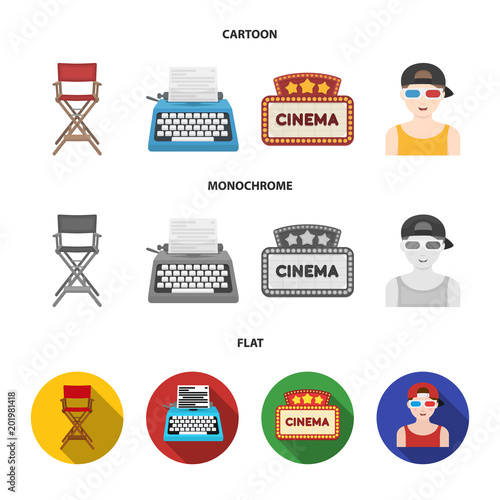 Chair of the director, typewriter, cinematographic signboard, film-man. Films and cinema set collection icons in cartoon,flat,monochrome style vector symbol stock illustration web.