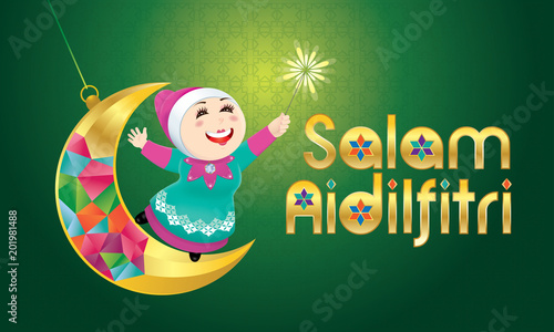 A Muslim girl playing fireworks on a swinging moon, with Malay pattern background. The words "Salam Aidilfitri" means happy Hari Raya.