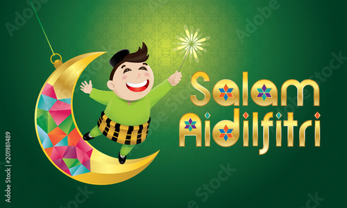 A Muslim boy playing fireworks on a swinging moon, with Malay pattern background. The words "Salam Aidilfitri" means happy Hari Raya.