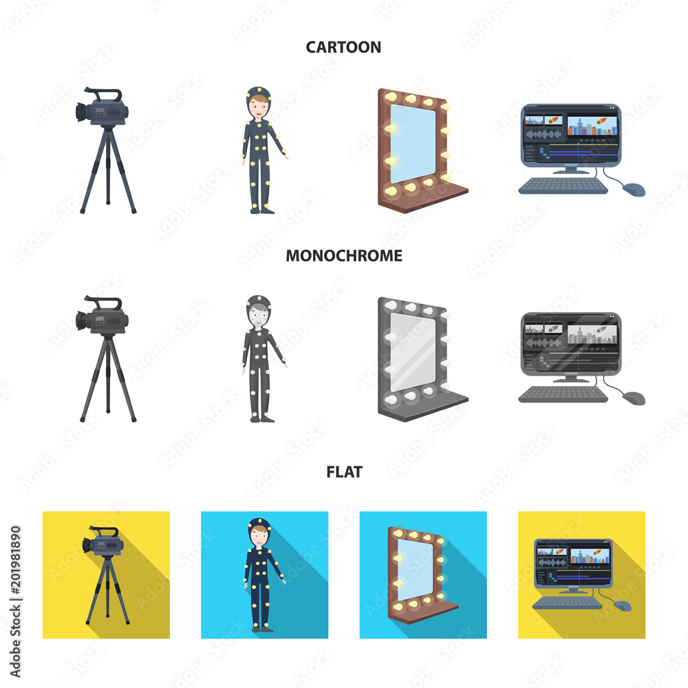 A movie camera, a suit for special effects and other equipment. Making  movies set collection icons in cartoon,flat,monochrome style vector symbol  stock illustration web. Stock Vector | Adobe Stock