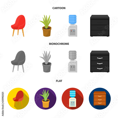 A red chair with a comfortable back, an aloe flower in a pot, an apparatus with clean water, a cabinet for office papers. Office Furniture set collection icons in cartoon,flat,monochrome style vector