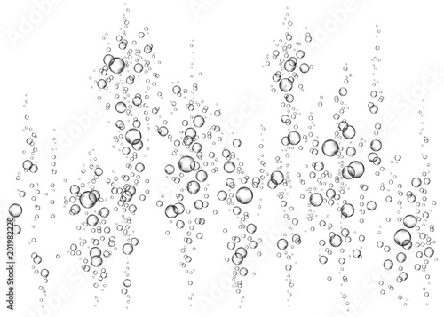 Fizzing air, water or oxygen bubbles on white background.