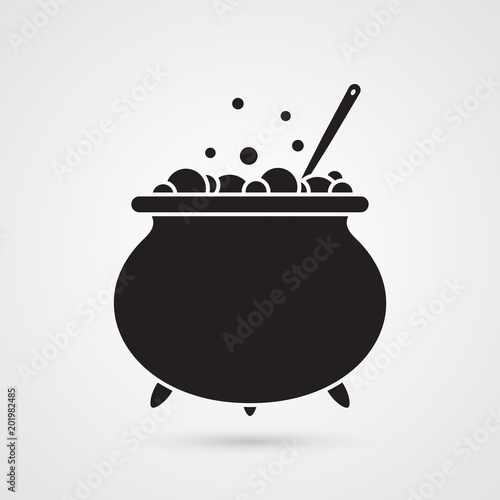 Carved silhouette flat icon, simple vector design. Cartoon witches cauldron with potion, bubbles and spoon for illustration of magic, witchcraft, boiling potions. Symbol of Halloween