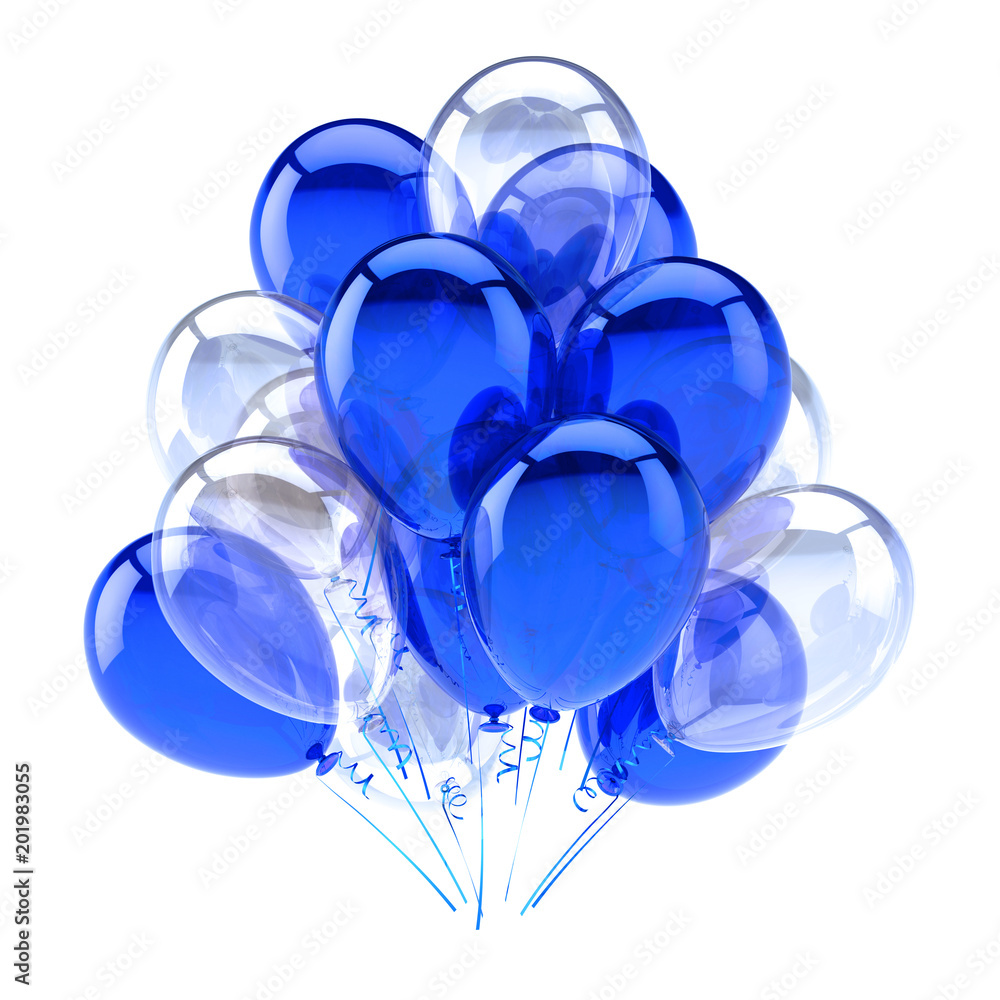 Blue balloon party happy birthday decoration white translucent balloons  bunch glossy. Holiday anniversary celebration greeting card design element.  3d illustration Stock Illustration | Adobe Stock