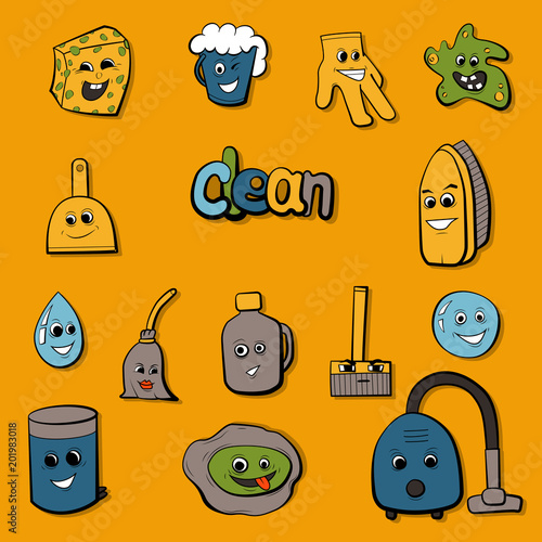 Cartoon objects for clean up. A set of cute icons. Characters vector illustration.