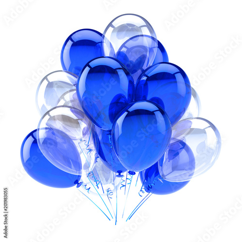 Blue balloon party happy birthday decoration white translucent balloons bunch glossy. Holiday anniversary celebration greeting card design element. 3d illustration