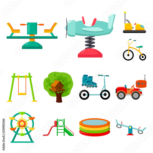 Playground, entertainment cartoon icons in set collection for design. Attraction and equipment vector symbol stock web illustration.
