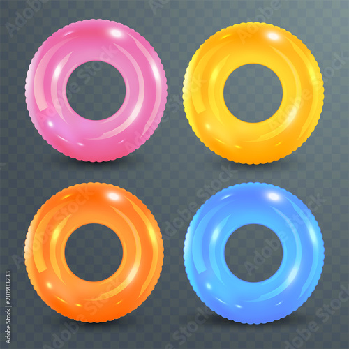 Swim rings set on transparent background. Inflatable rubber toy. Lifebuoy colorful vector collection. Summer. Realistic summertime illustration. Summer vacation or trip safety. photo
