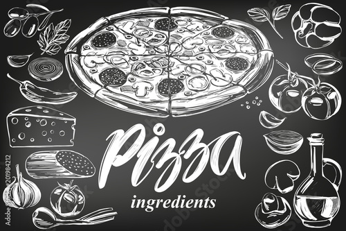 Italian pizza , collection of pizza with ingredients, logo, hand drawn vector illustration realistic sketch , drawn in chalk on a black board