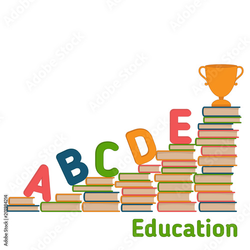 Background with colorful letters and pile of books.