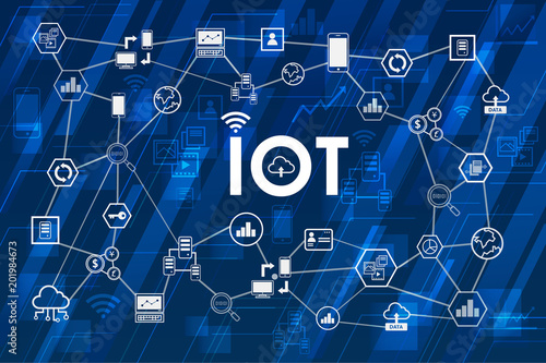 Internet of things (IOT), devices and connectivity concepts on a network diagram.