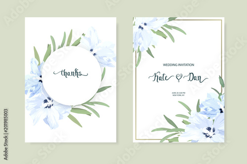 Floral set with hibiscus and eucalyptus. Wedding Invitation, save the date, rsvp, invite card. Vector illustration. Celebration template. watercolor style