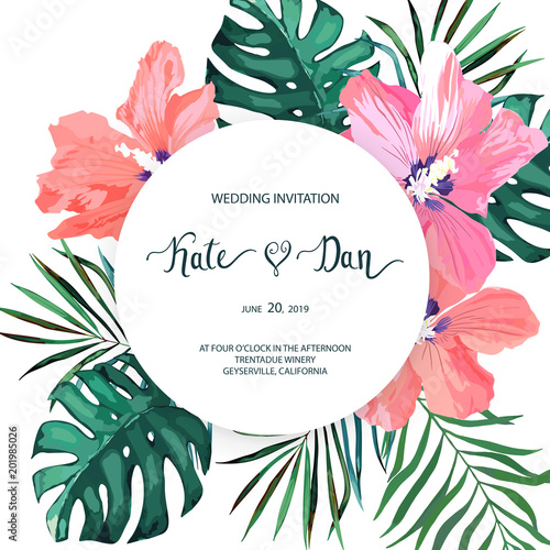 Floral set with hibiscus. Wedding Invitation, save the date, rsvp, invite car...