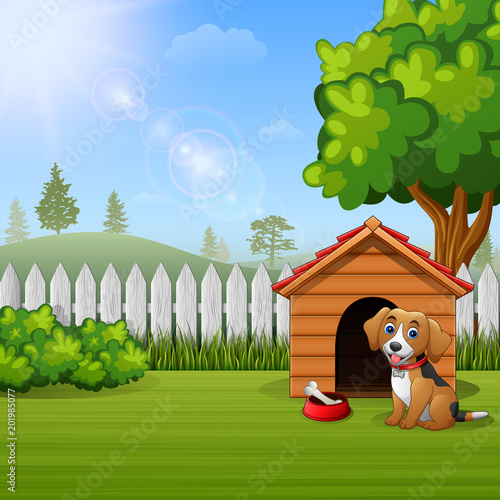 Cute dog sitting in front of a kennel in a garden