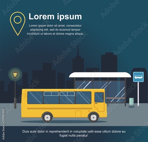 Bus at the bus stop on background of night city Vector Illuatration