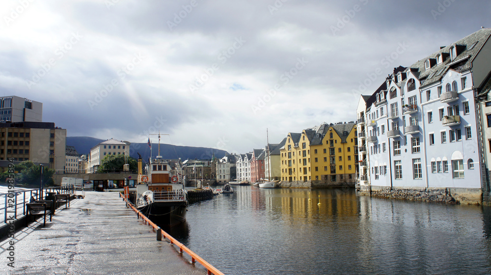 Alesund, Norway - Colorful buildings in norwegian town, beautiful old city centre