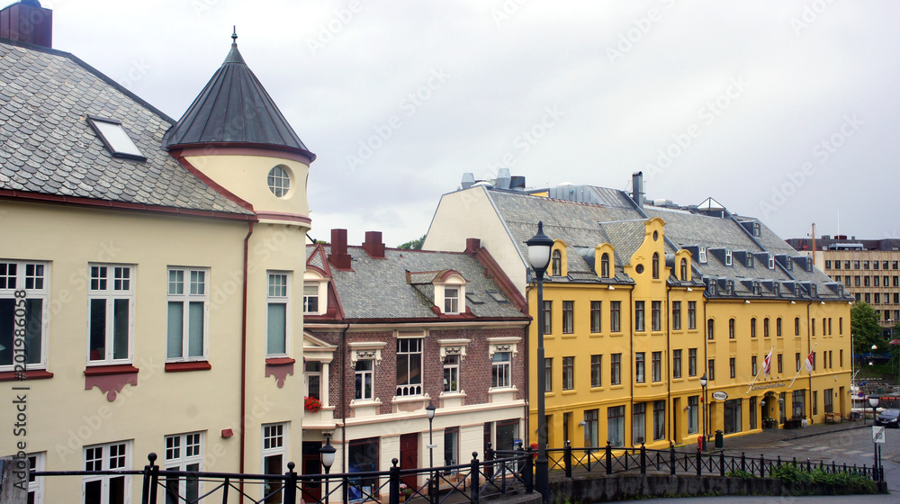 Alesund, Norway - Street with typical Art Nouveau style house in norwegian city, old city center