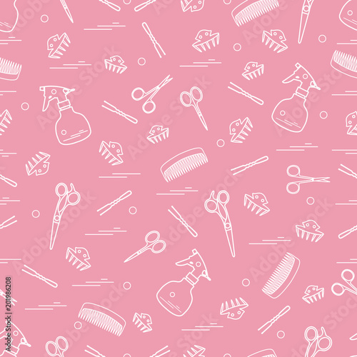 Cute pattern of scissors, combs, hairclip, hairpins and sprayer. For the provision of hairdressing services.