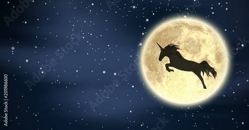 Unicorn silhouette flying over moon in night stars