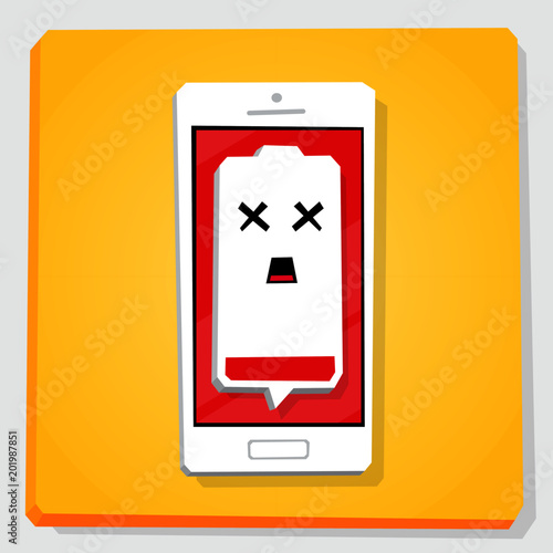 3d vector illustration of smartphone. Isometric flat design. Mobile phone window with notification about low energy level of battery. Risk of shutdown. Lack of accumulator power, need recharging.
