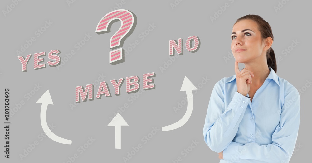 Woman thinking Yes No Maybe text with arrows graphic on grey Woman thinking Yes No Maybe text with arrows graphic on grey