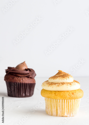 Vanilla cup cake with milk tart and cinnamon topping in front with chocolate cupcake blurred in background on white textured table