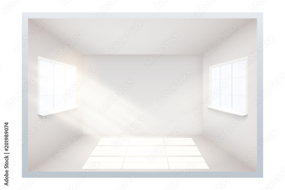 Example of an empty room with white walls and a windows on the side