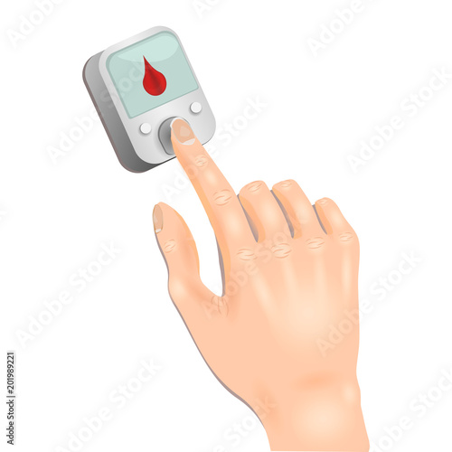 Diabetes blood glucometer and finger. Vector Illustration.