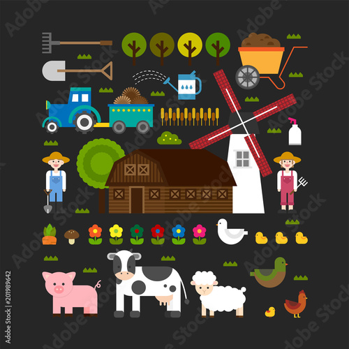 farm land animal and farmer character vector flat design illustration set
