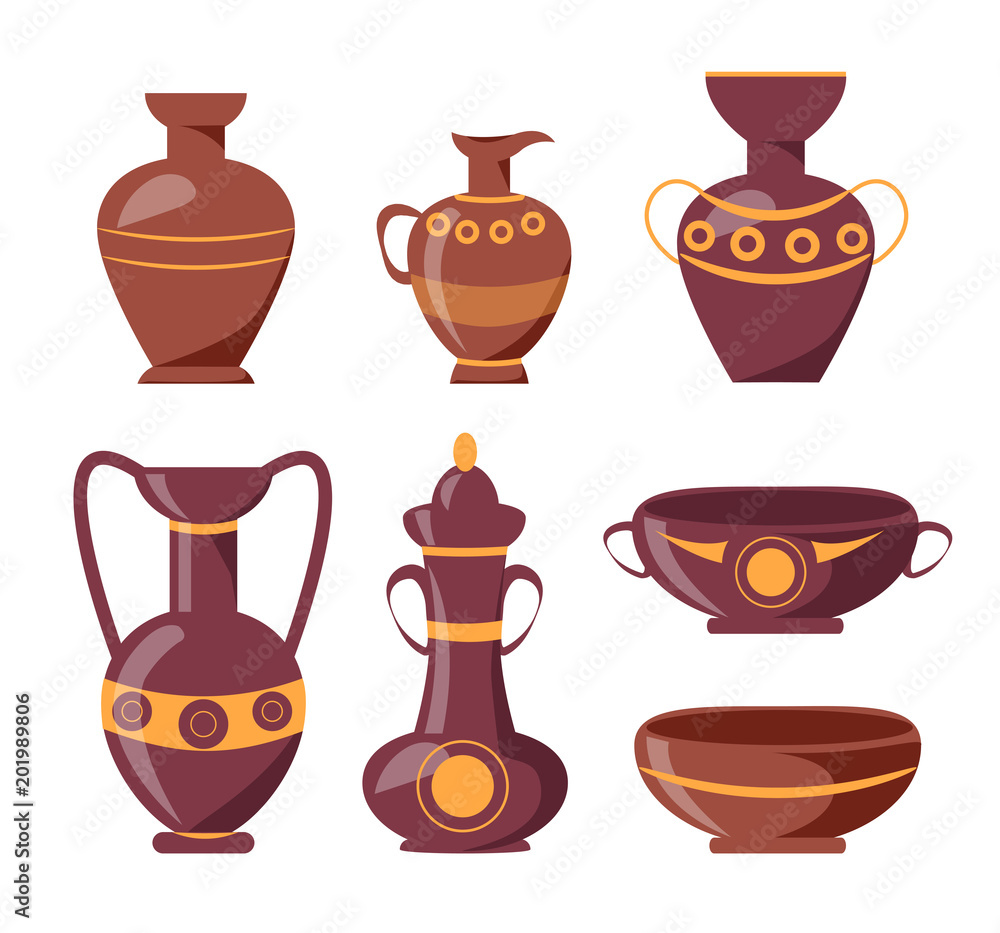 Ancient Clay Vases with Ethnic Ornaments Set Ancient Clay Vases with Ethnic Ornaments Set