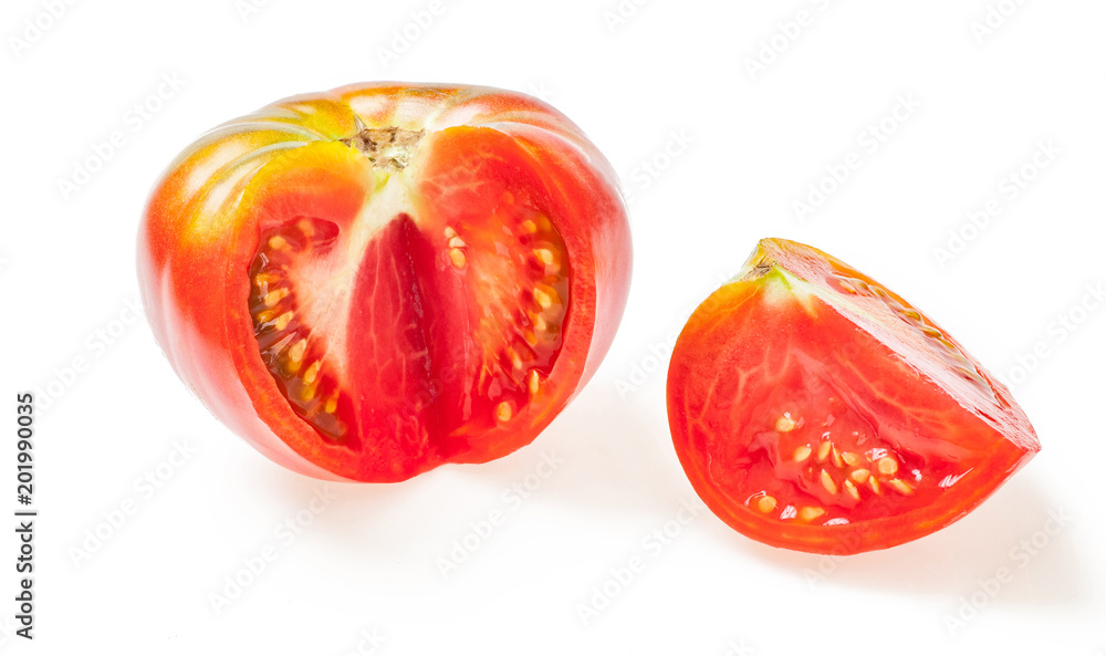Ripe red tomato with cut piece. Isolated on white Ripe red tomato with cut piece. Isolated on white