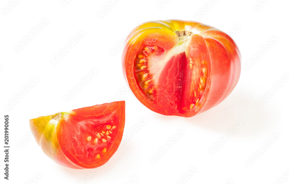 Cut out slice from red juicy tomato. White background Cut out slice from red juicy tomato. White background
