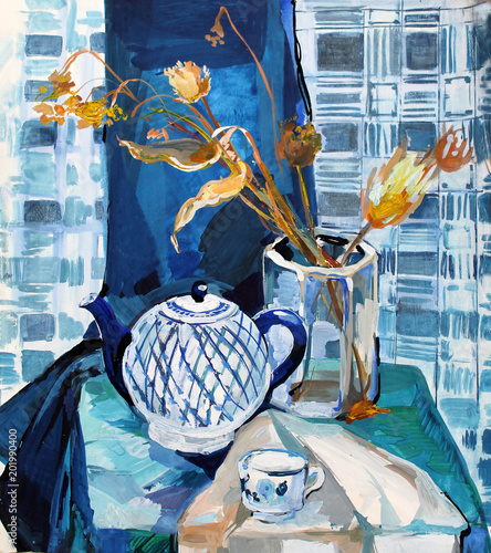 Φωτογραφία still life gouache color painting the kettle
