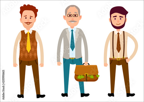 Three Men of Different Looks Flat Cartoon Theme