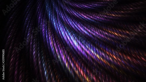 Abstract moving blue, purple and orange glittering shapes on black background. Fantastic fractal animation.